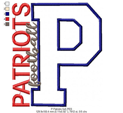 Patriots P Monogram - Appliqué - Machine Embroidery Design