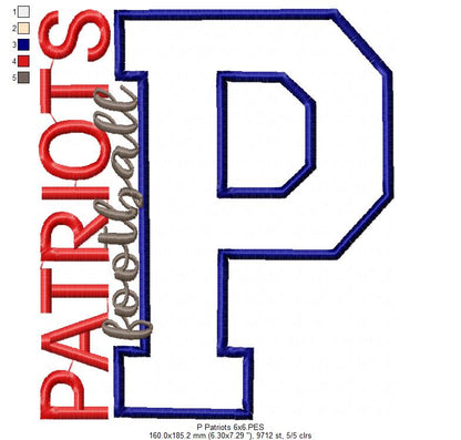 Patriots P Monogram - Appliqué - Machine Embroidery Design