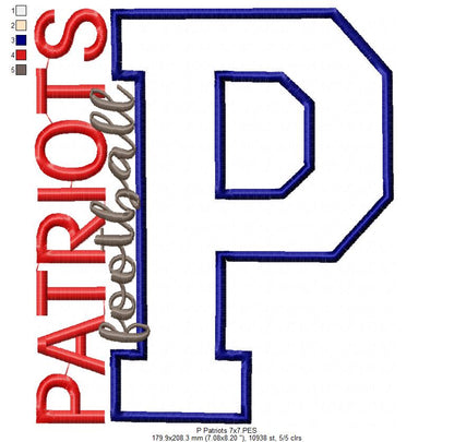 Patriots P Monogram - Appliqué - Machine Embroidery Design