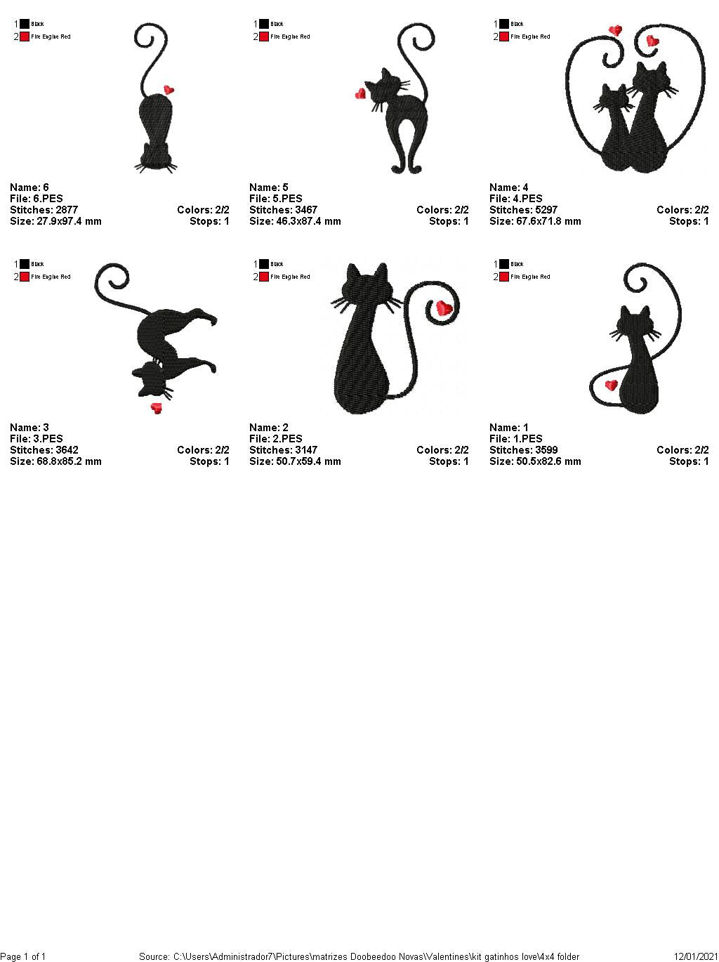 Cats - Valentine's Day - Fill Stitch - 6 Designs- 6 Sizes -  Machine Embroidery Design