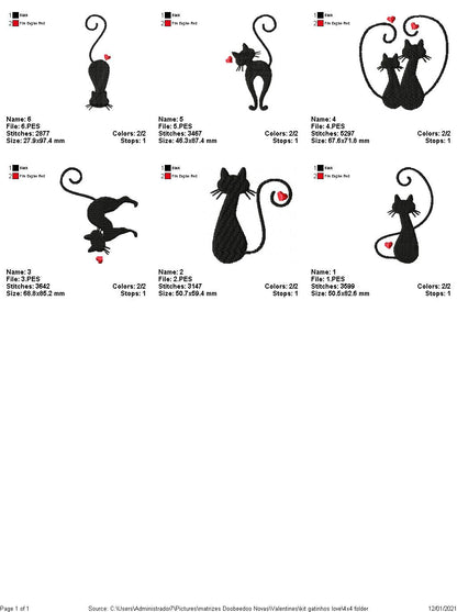 Cats - Valentine's Day - Fill Stitch - 6 Designs- 6 Sizes -  Machine Embroidery Design
