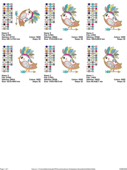 Bird Boho embroidery - Applique - 6 Sizes  - Machine Embroidery Design