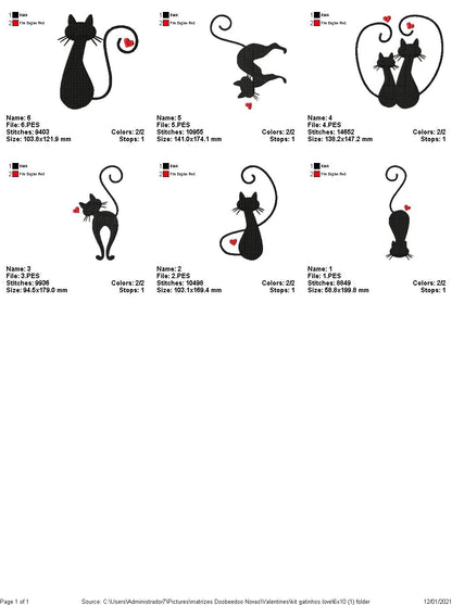 Cats - Valentine's Day - Fill Stitch - 6 Designs- 6 Sizes -  Machine Embroidery Design