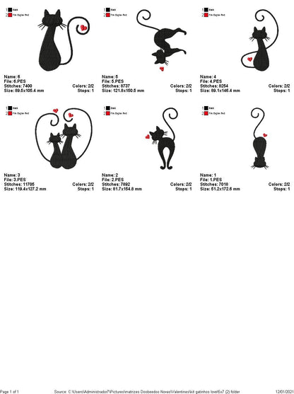 Cats - Valentine's Day - Fill Stitch - 6 Designs- 6 Sizes -  Machine Embroidery Design