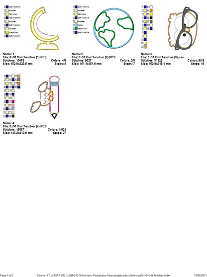 Owl Teacher School Ornament - ITH Project - Machine Embroidery Design
