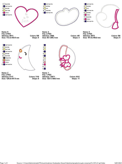 Valentines Snowman Couple Door Ornament - ITH Project - Machine Embroidery Design