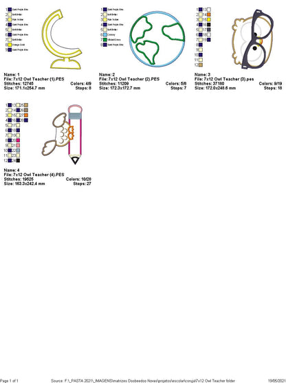 Owl Teacher School Ornament - ITH Project - Machine Embroidery Design