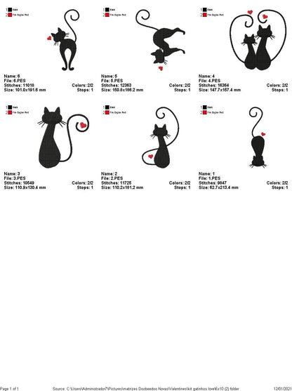 Cats - Valentine's Day - Fill Stitch - 6 Designs- 6 Sizes -  Machine Embroidery Design