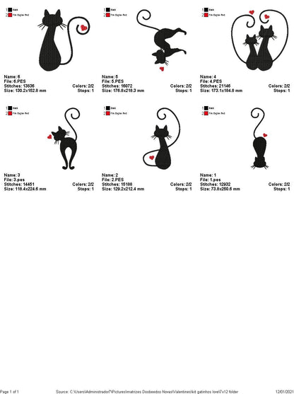 Cats - Valentine's Day - Fill Stitch - 6 Designs- 6 Sizes -  Machine Embroidery Design