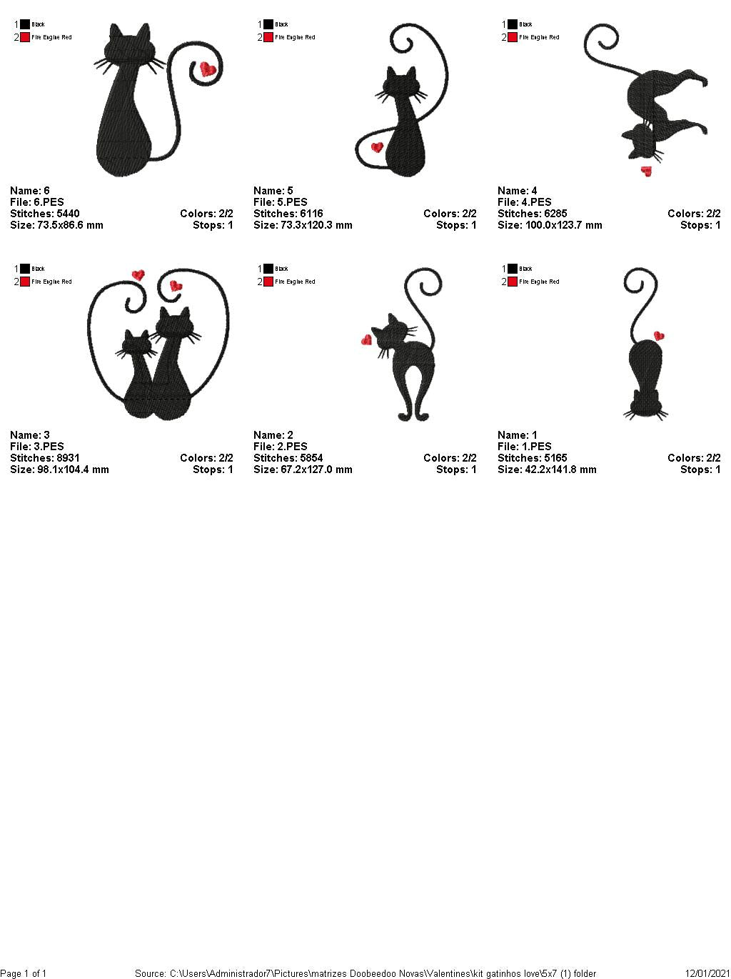 Cats - Valentine's Day - Fill Stitch - 6 Designs- 6 Sizes -  Machine Embroidery Design