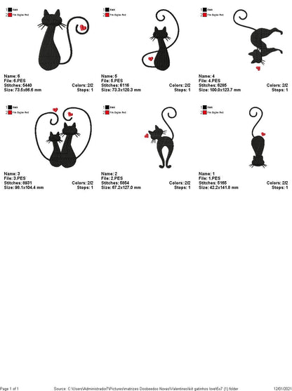 Cats - Valentine's Day - Fill Stitch - 6 Designs- 6 Sizes -  Machine Embroidery Design