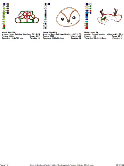 Christmas Reindeer Holding a Gift - ITH Project - Machine Embroidery Design