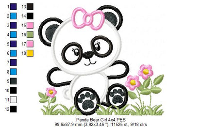 Panda Bear Girl - Applique - 4x4 5x5 6x6 7x7