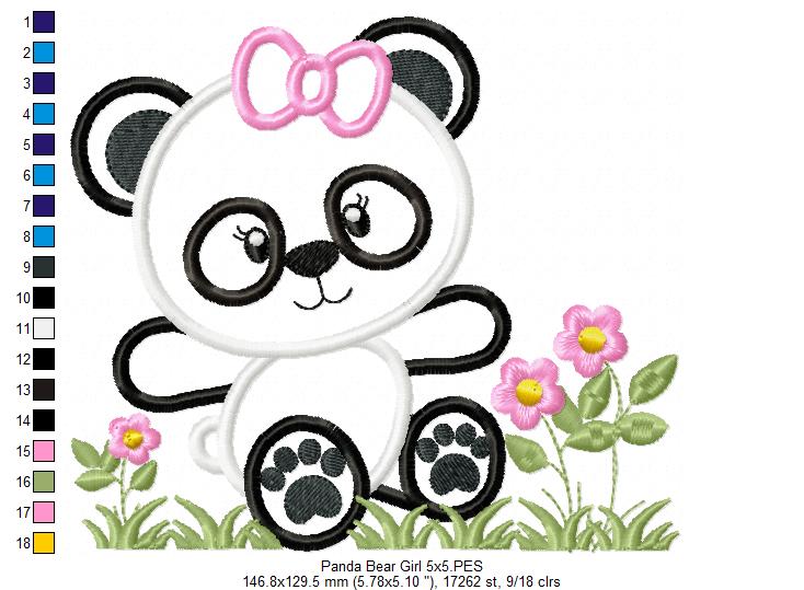 Panda Bear Girl - Applique - 4x4 5x5 6x6 7x7