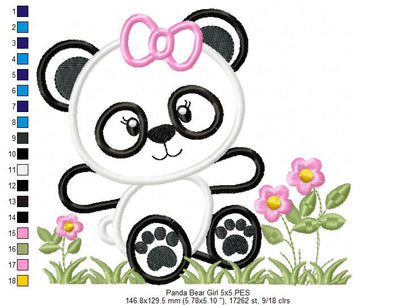 Panda Bear Girl - Applique - 4x4 5x5 6x6 7x7