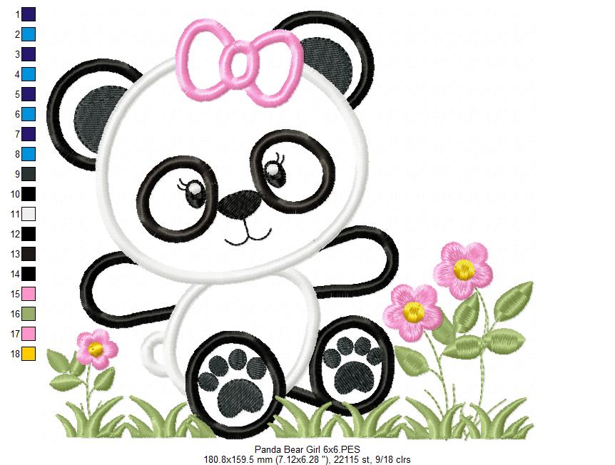 Panda Bear Girl - Applique - 4x4 5x5 6x6 7x7