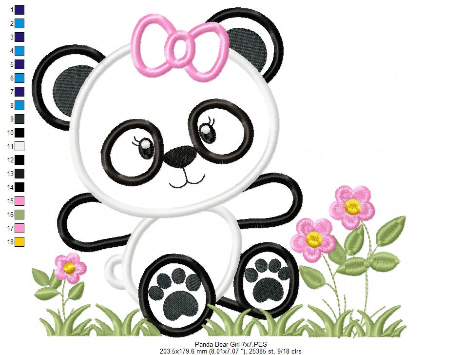Panda Bear Girl - Applique - 4x4 5x5 6x6 7x7