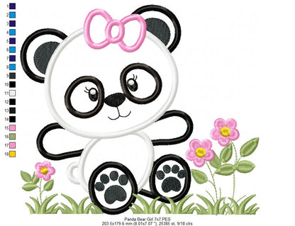 Panda Bear Girl - Applique - 4x4 5x5 6x6 7x7