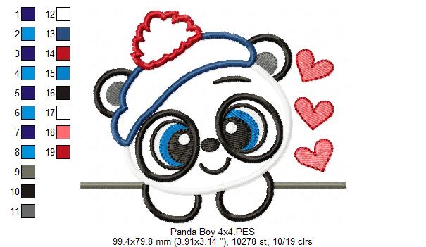 Panda Bear Boy - Applique - 4x4 5x7 6x10 7x12