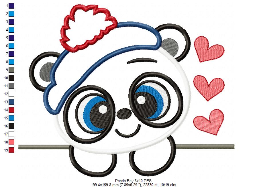 Panda Bear Boy - Applique - 4x4 5x7 6x10 7x12