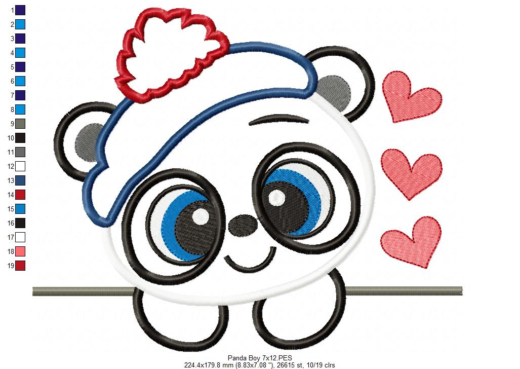 Panda Bear Boy - Applique - 4x4 5x7 6x10 7x12