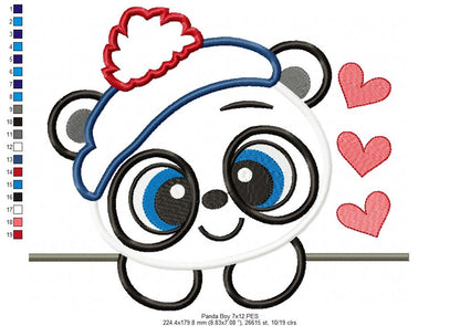 Panda Bear Boy - Applique - 4x4 5x7 6x10 7x12