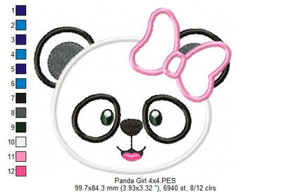 Panda Bear Girl - Applique - 4x4 5x5 6x6 7x7
