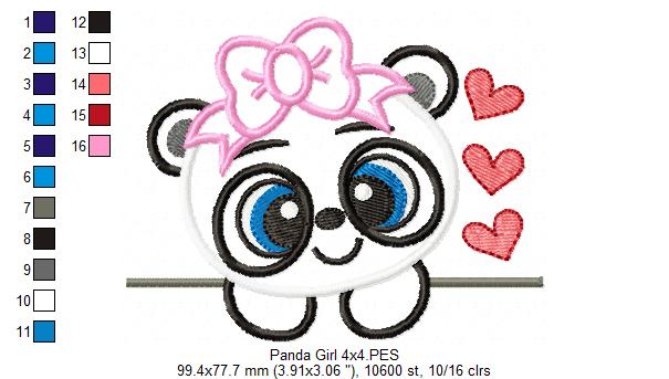 Panda Bear Girl - Applique - 4x4 5x7 6x10 7x12
