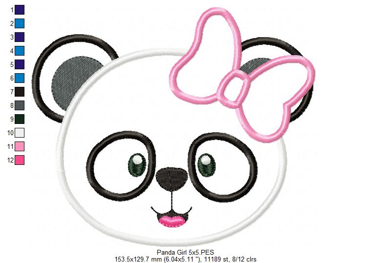 Panda Bear Girl - Applique - 4x4 5x5 6x6 7x7