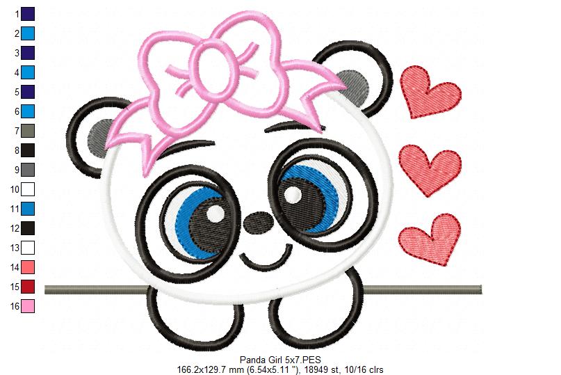 Panda Bear Girl - Applique - 4x4 5x7 6x10 7x12
