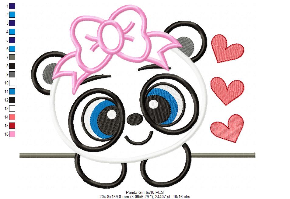 Panda Bear Girl - Applique - 4x4 5x7 6x10 7x12