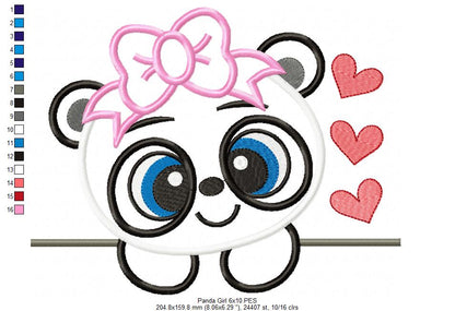 Panda Bear Girl - Applique - 4x4 5x7 6x10 7x12