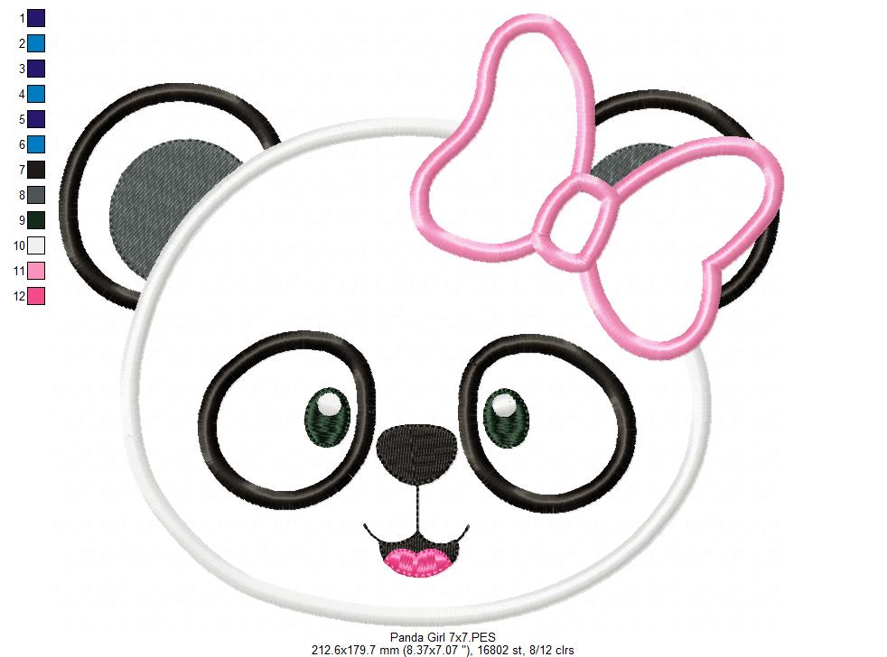 Panda Bear Girl - Applique - 4x4 5x5 6x6 7x7