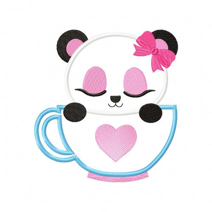 Panda Bear Girl in the Cup - Applique - 4x4 5x5 6x6 7x7