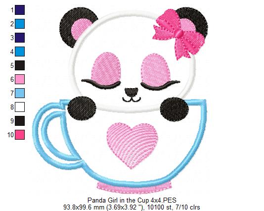 Panda Bear Girl in the Cup - Applique - 4x4 5x5 6x6 7x7