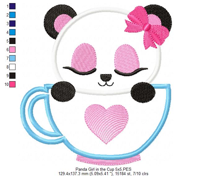 Panda Bear Girl in the Cup - Applique - 4x4 5x5 6x6 7x7