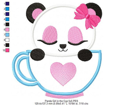 Panda Bear Girl in the Cup - Applique - 4x4 5x5 6x6 7x7