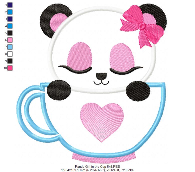 Panda Bear Girl in the Cup - Applique - 4x4 5x5 6x6 7x7
