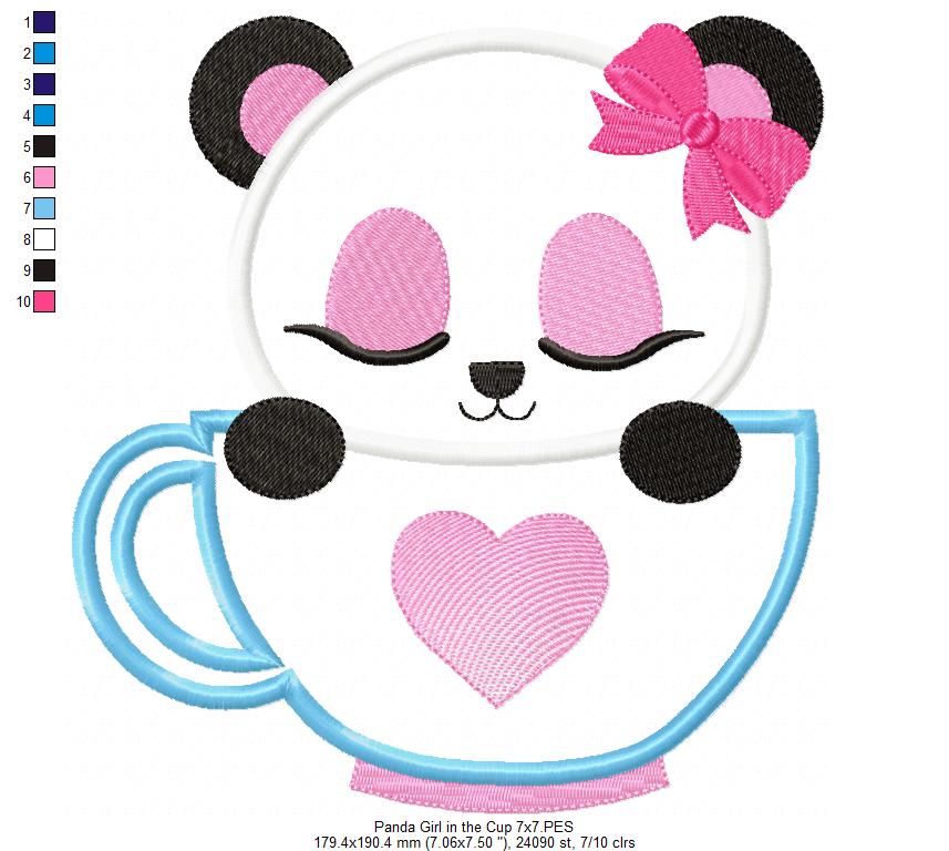 Panda Bear Girl in the Cup - Applique - 4x4 5x5 6x6 7x7