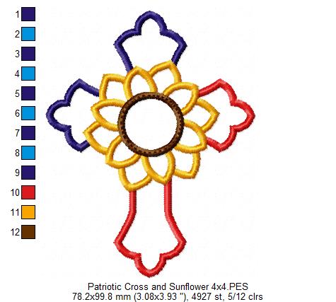 Patriotic Cross with Sunflower - Applique - Machine Embroidery Design
