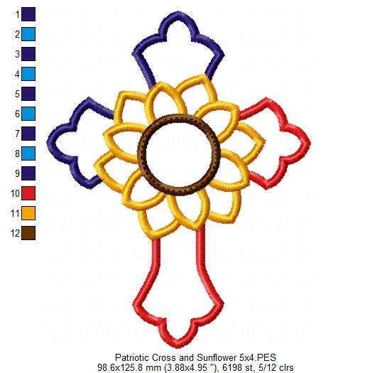 Patriotic Cross with Sunflower - Applique - 4x4 5x4 5x7 5x8 6x10 7x12