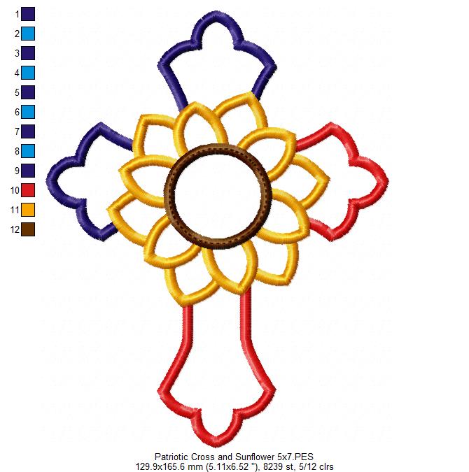Patriotic Cross with Sunflower - Applique - Machine Embroidery Design