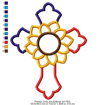 Patriotic Cross with Sunflower - Applique - Machine Embroidery Design