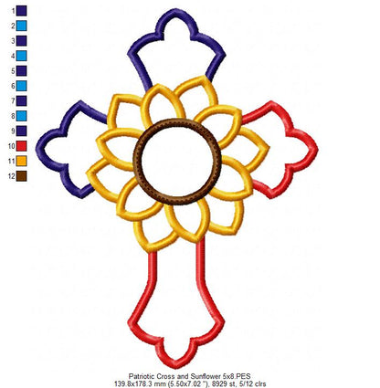Patriotic Cross with Sunflower - Applique - Machine Embroidery Design