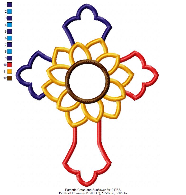 Patriotic Cross with Sunflower - Applique - 4x4 5x4 5x7 5x8 6x10 7x12