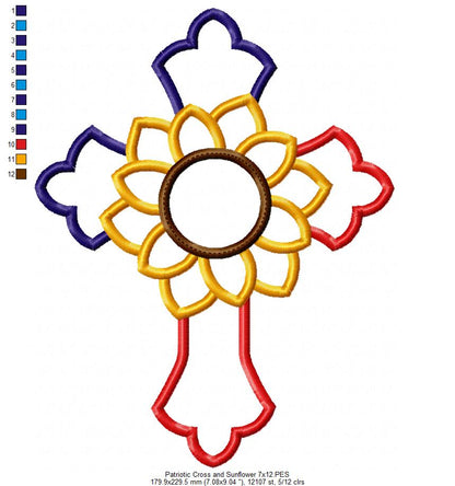 Patriotic Cross with Sunflower - Applique - Machine Embroidery Design