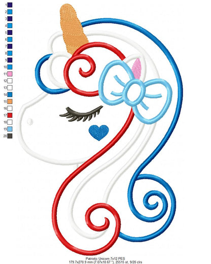 Patriotic Unicorn - Applique - Machine Embroidery Design