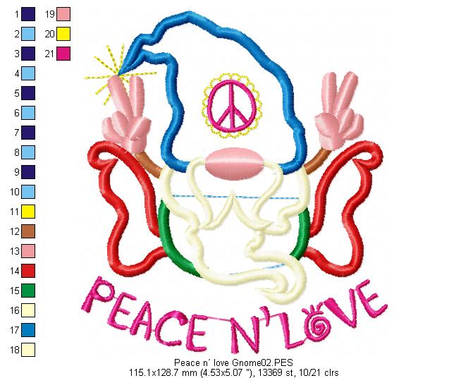 Peace n´ love Gnome - Applique - Machine Embroidery Design