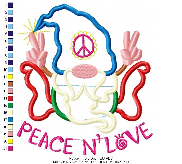Peace n´ love Gnome - Applique - Machine Embroidery Design