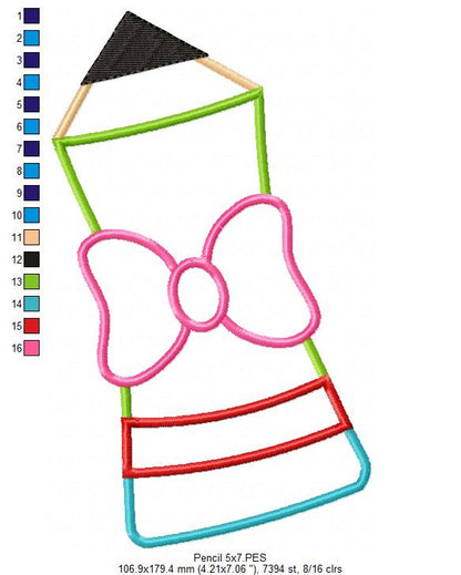 Pencil with Bow - Applique